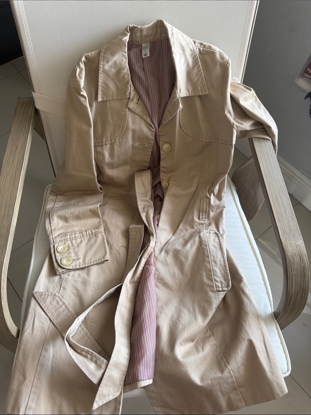 Old Navy Light Beige Trench Coat with Striped Pink Lining